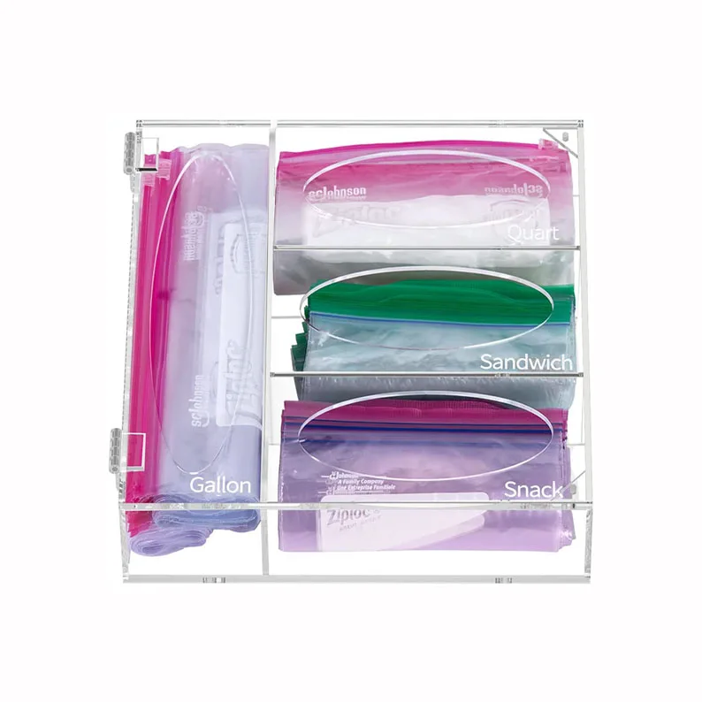 

Ziplock Food Bag Storage Organizer Acrylic Kitchen Drawer Baggie Box for Freezer Sandwich Snack Variety Size Bags Clear Color