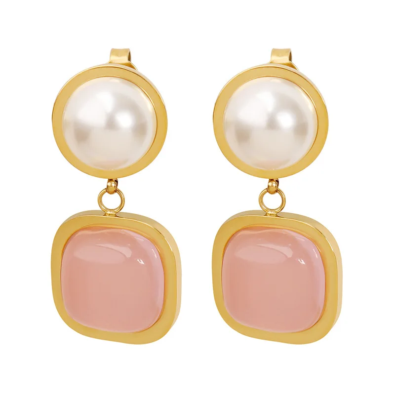 

Waterproof 18k Gold Plated Stainless Steel Jewelry Square Pink Jade Imitation Pearl Earrings for Girls