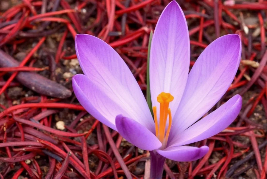Close-up view of Crocus sativus flower showing purple petals and red stigmas