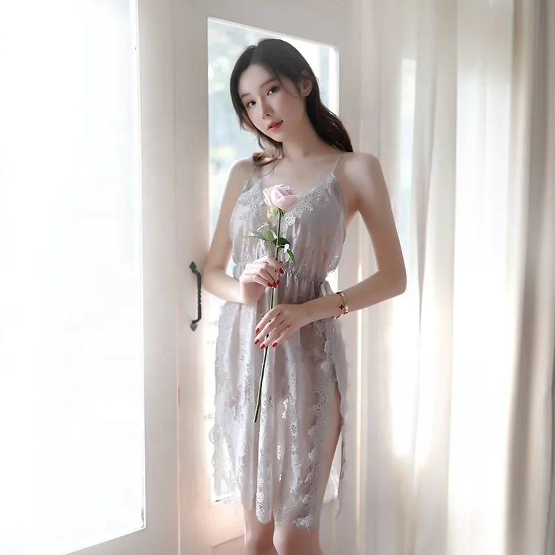 

2021 new hot selling High-end large size temptation sexy lingerie side slit lace sling nightdress female transparent sexy pajama, Refer to the picture