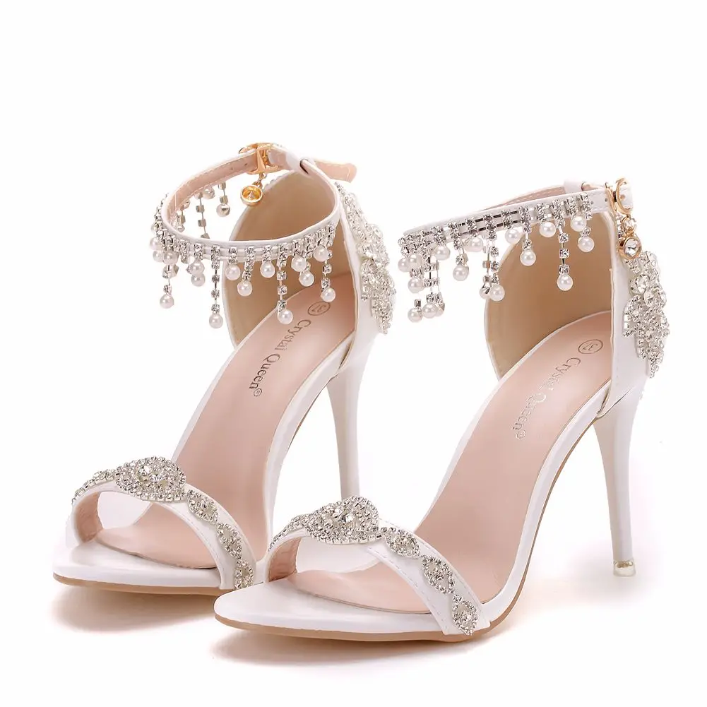 

White Bridal Dress Shoes Peep Toes Wedding Women Shoes High Heels Rhinestone Ankle Straps Sandals