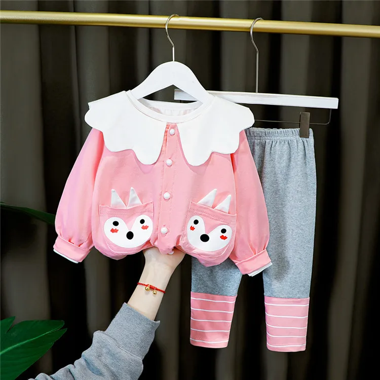

Spring Fall Kids Clothes Sale Sailor Collar Coat Printed Cartoon+Striped Leggings 2Pcs Baby Girl Clothing Outfit Infant Suit, Pink/yellow/red