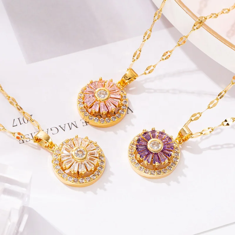 

Fashionable exploding zircon full diamond comes to luck with flower rotating Real gold plating stainless steel necklace, Gold color