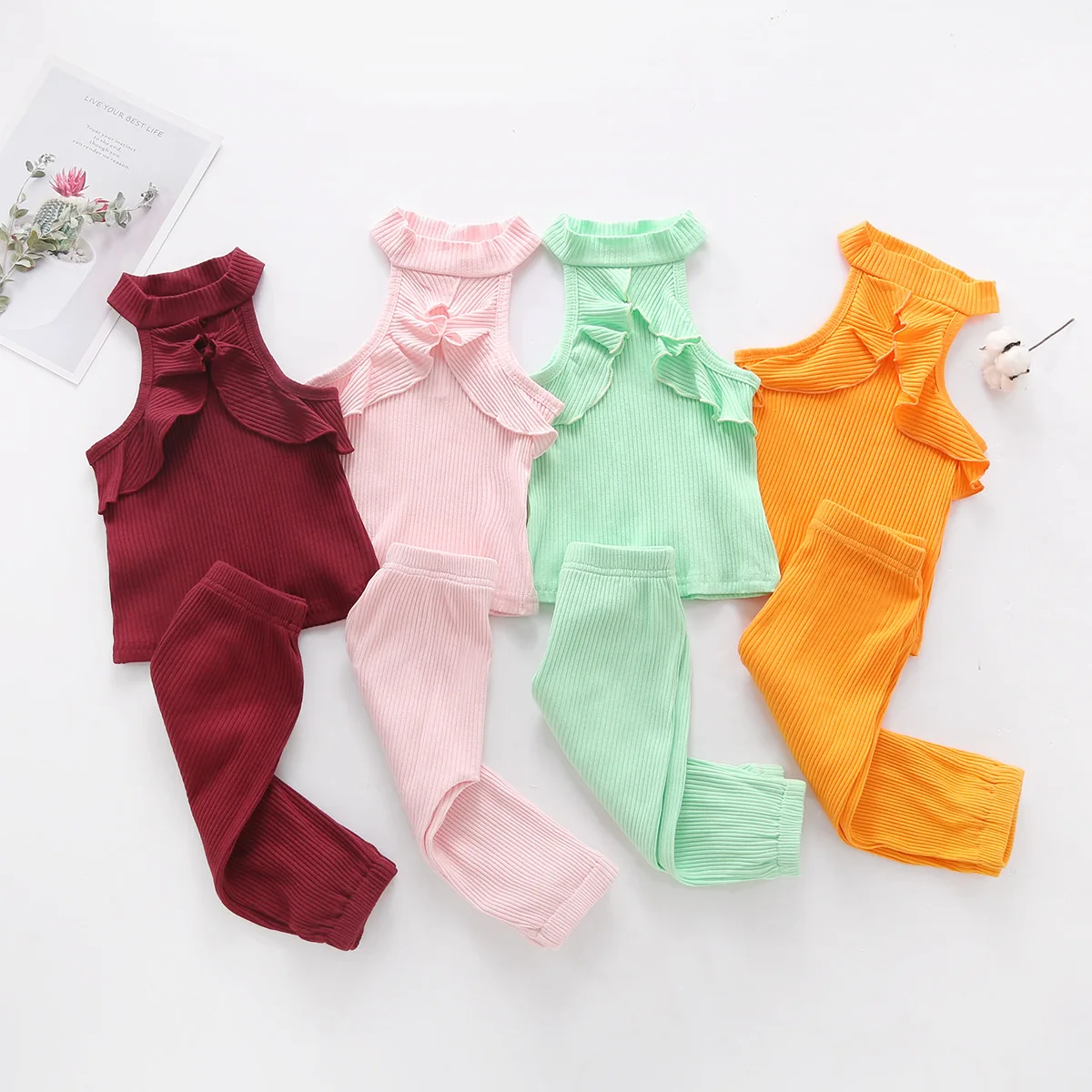 

hot style children's clothing baby girls sleeveless pit striped top and trousers two-piece suit set, Pink red/green/pink