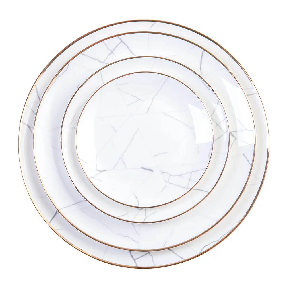 

Chunyu wholesale white ceramic tableware Gold Rim crockery dinner sets wedding dinnerware, By shown