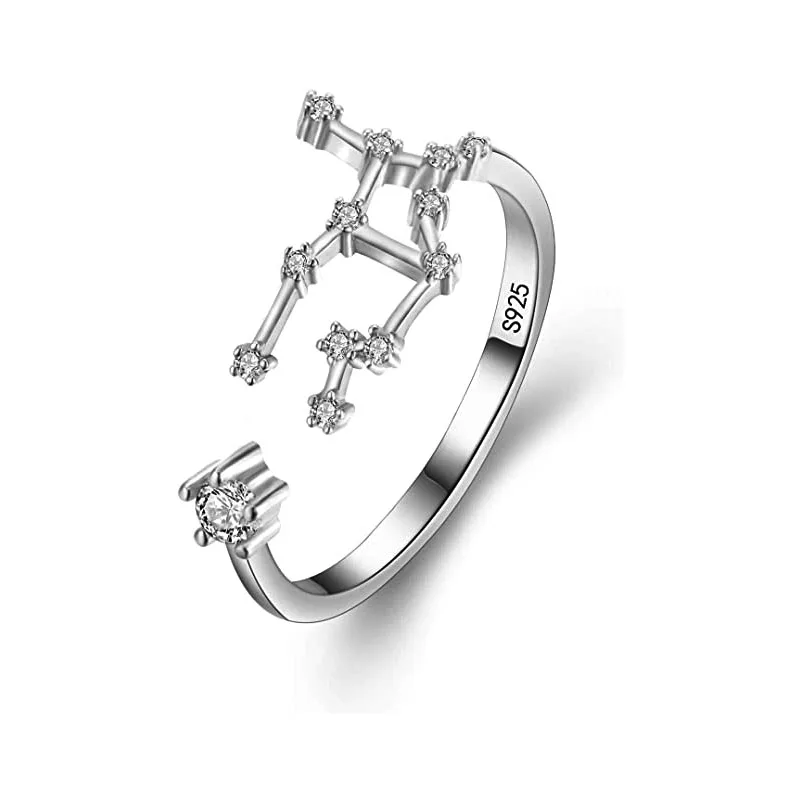 

925 Sterling Silver CZ Statement Ring for Women -"Virgo" Horoscope Zodiac 12 Constellation Astrology Adjustable Ring, Picture shows