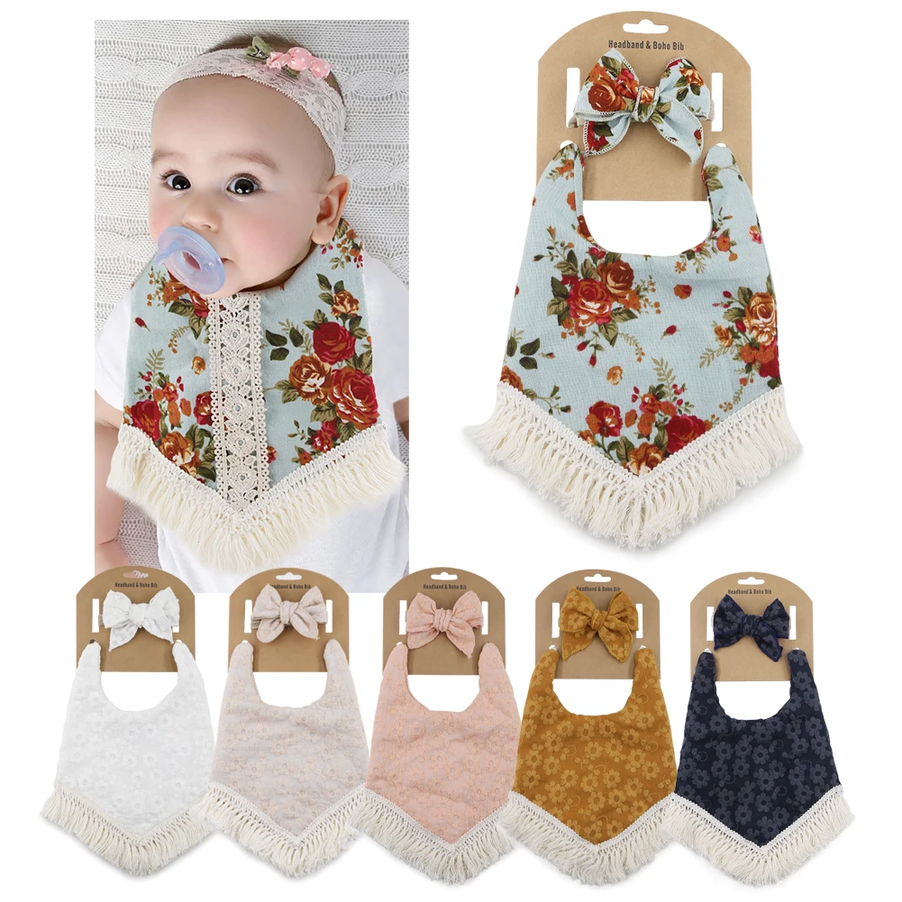 

DP-026 Printed Fancy Cute Style Flax Cotton Baby Feeding Bibs Burp Cloth Bowknot Headband With Tassels Sets, Picture