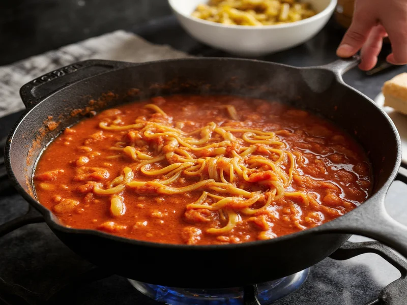 Simmering spaghetti sauce in cast iron pot