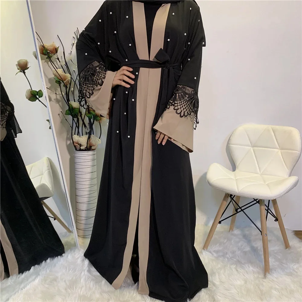 

Dubai Islamic Clothing Muslim Arabic Women Wholesale Indonesia Open Abaya Kaftan Lace Embroidery Pearls Black Kimono Abaya, 1 color in stock also accept customized color