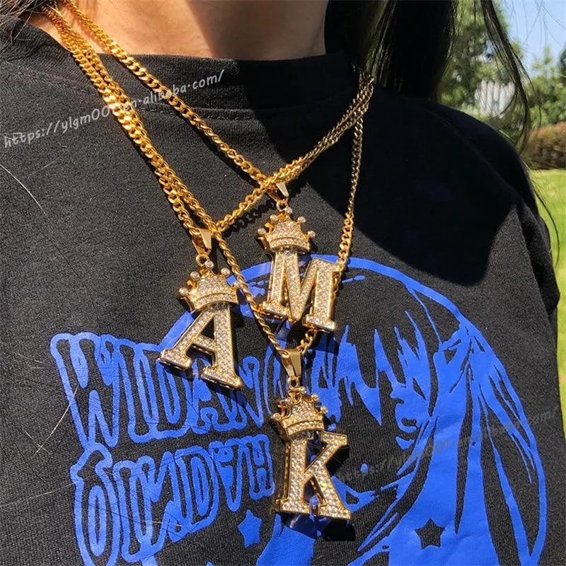 

Stainless Steel Zircon Alphabet Pendant Necklaces Hiphop Women Men Crown Gold Chain Necklace Initial Letter Necklace