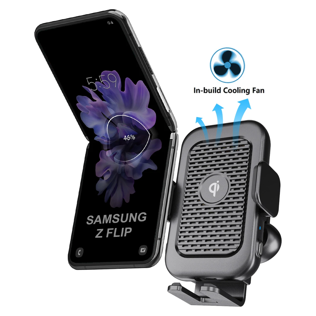 

Factory 15W Dual Coil Phone Car Wireless Charger Holder With Cooling Fan