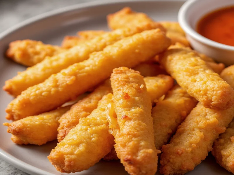 Golden crispy homemade cheese sticks with dipping sauce