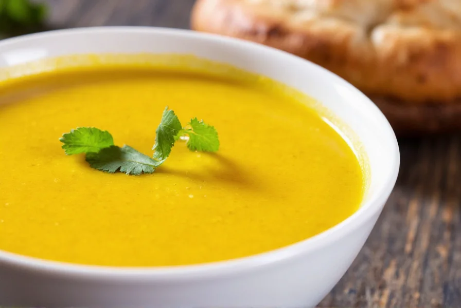 Golden turmeric soup in white ceramic bowl with fresh cilantro garnish, close-up showing vibrant yellow color and steam rising