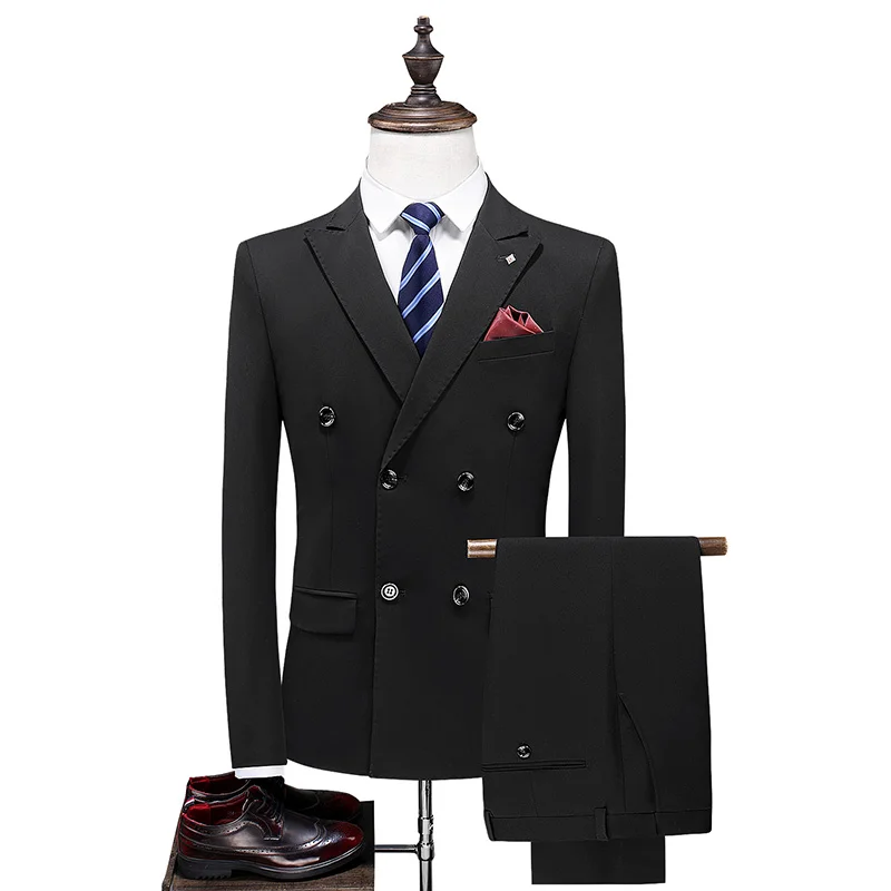 

HG Navy Double Breasted Men's Suit 2 Piece Men's Slim Fit Office Men's Casual Suit