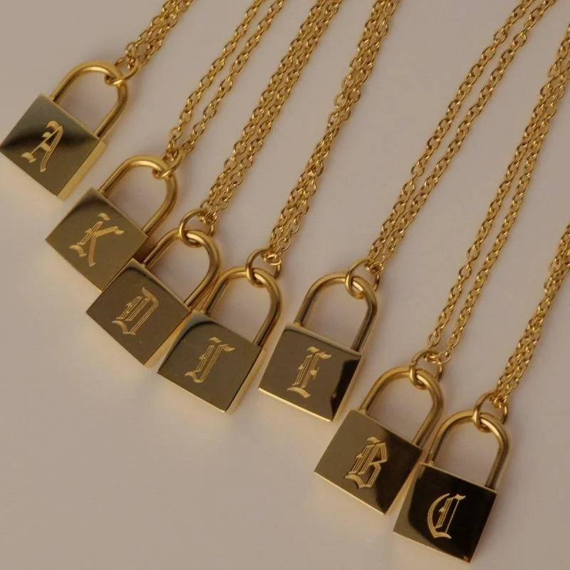 

26 Initial Letter Necklace Hip Hop Stainless Steel O-Chain Old English Gold Plated Lock Charm Necklaces Men Fashion Accessories, Gold, rose gold, steel, black etc.