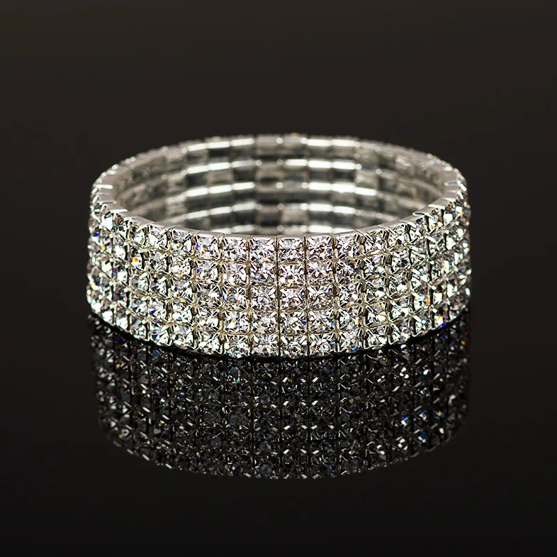 

Wristband Women Wedding Bridal Jewelry Bling Fashion 3 5 Rows Full Crystal Rhinestone Elastic Bracelet Bangles