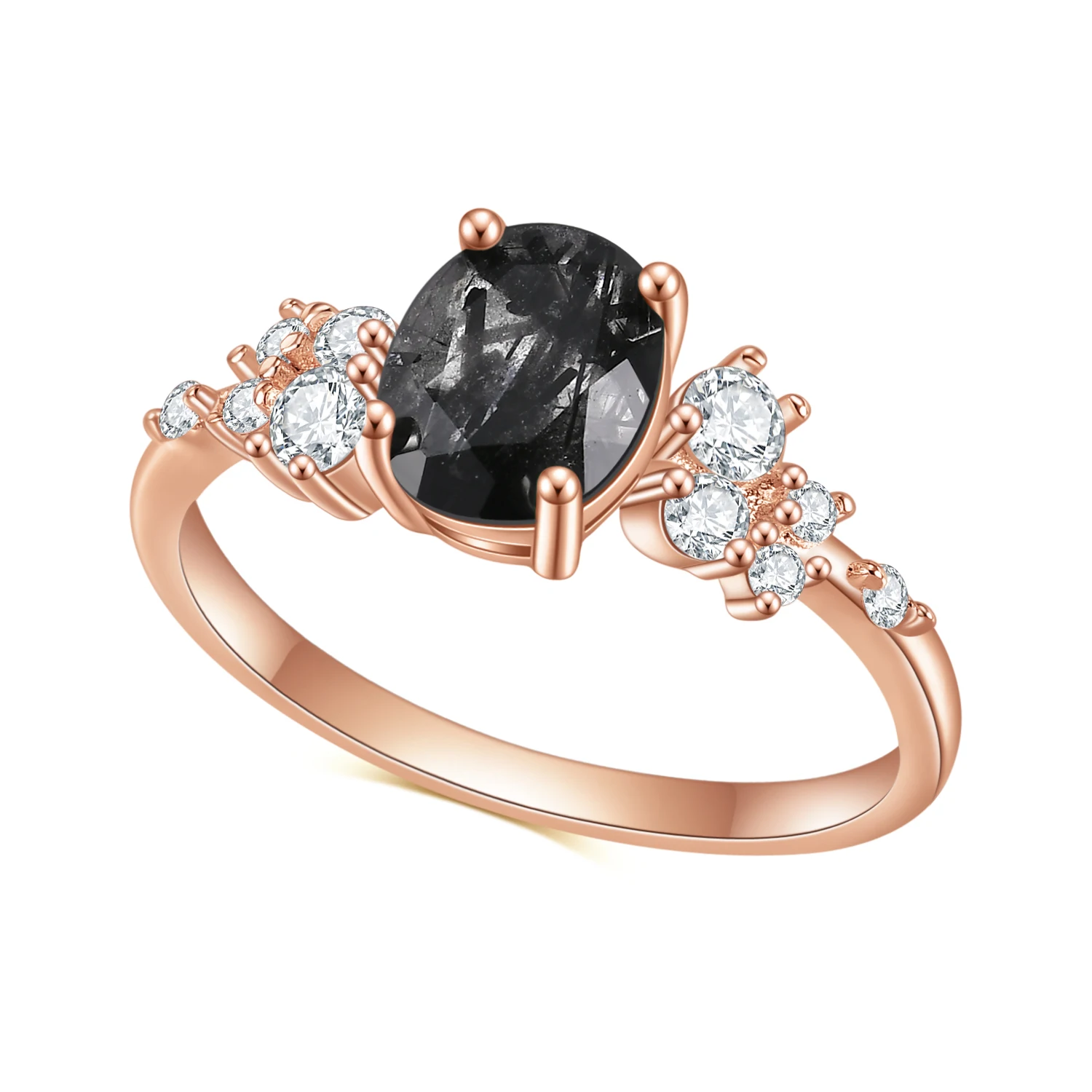 

OL0897R Abiding Jewellery 925 Sterling Silver Rose Gold Luxury Rings Fine Jewelry Oval Black Rutilated Quartz Rings