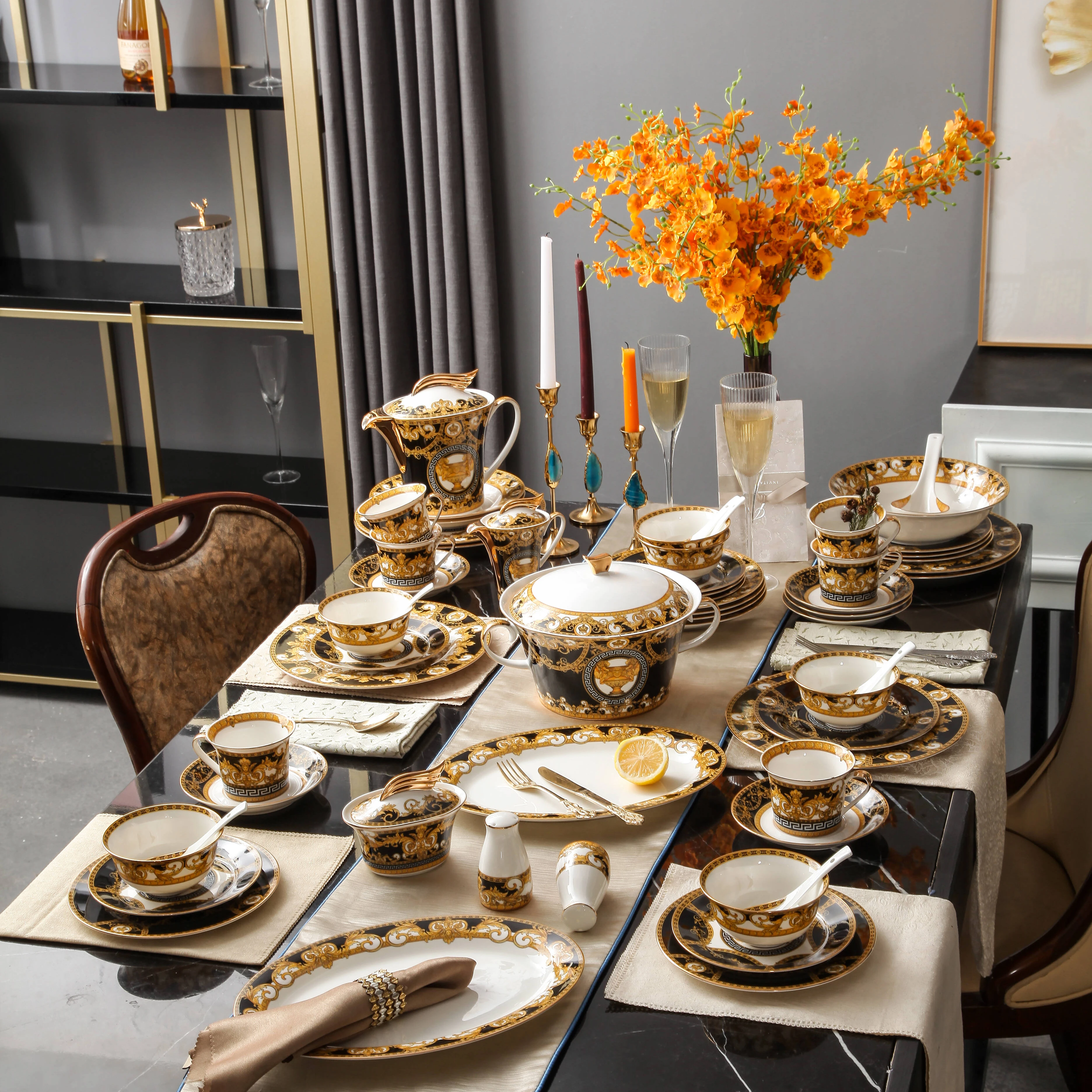 

Luxury Fine Bone China Ceramic Dinnerware Sets Porcelain Dinner Sets, Gold and white