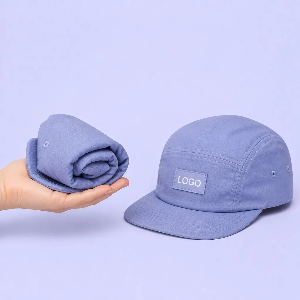 Hand Holding Palm-Sized Rolled-Up 5-Panel Cap Alongside Pristine Unfolded Flexible Brim Cap