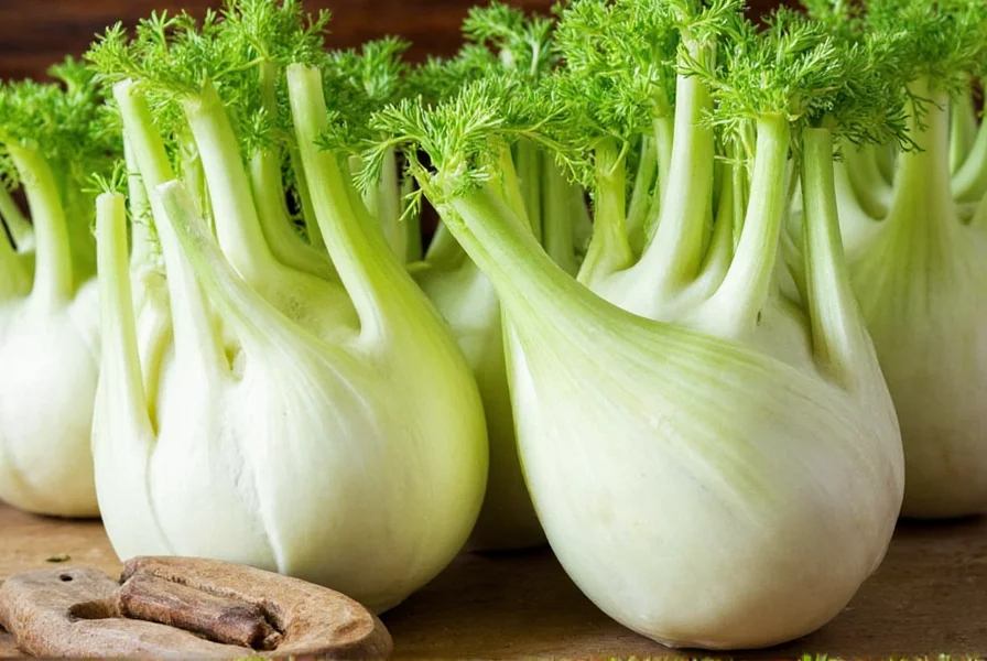 Fresh Florence fennel bulbs with feathery fronds on wooden cutting board