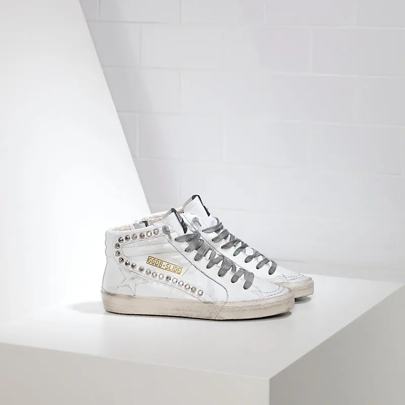 

Dirty Shoes Sneakers SLIDE in Pelle e Stella in Pelle WHITE LEATHER STUDS Goldens color Beautiful Gooses shoes, 20colors