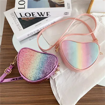 

Cartoon Cute Ladies Purses Gifts Heart Shaped Rainbow Neon Sequins Pu Leather Female Crossbody Bags