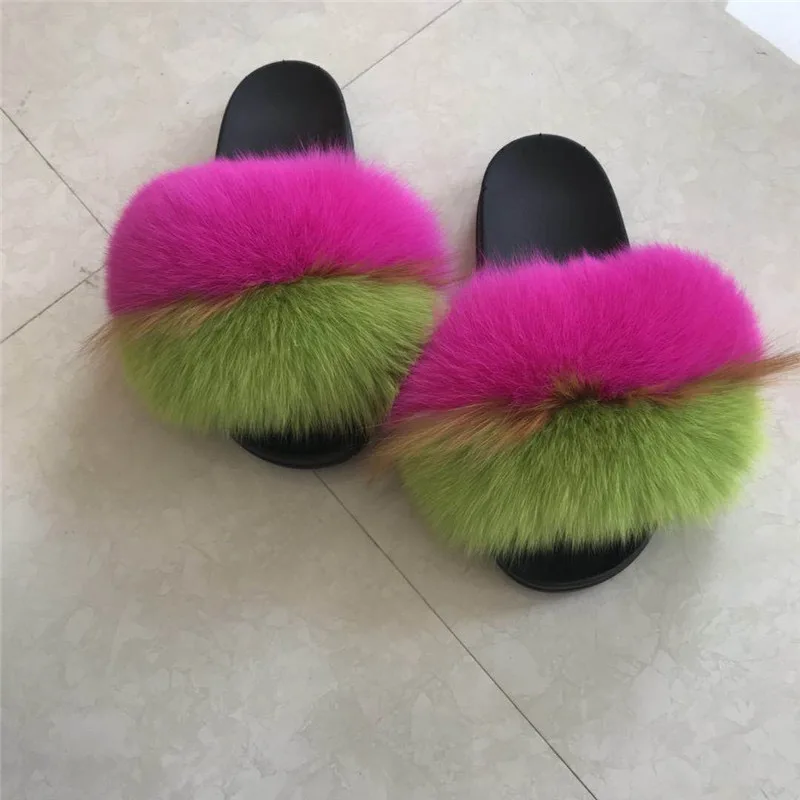 

Multi color real Fox Fur Slippers Fur Slides fluffy sandals for Girls