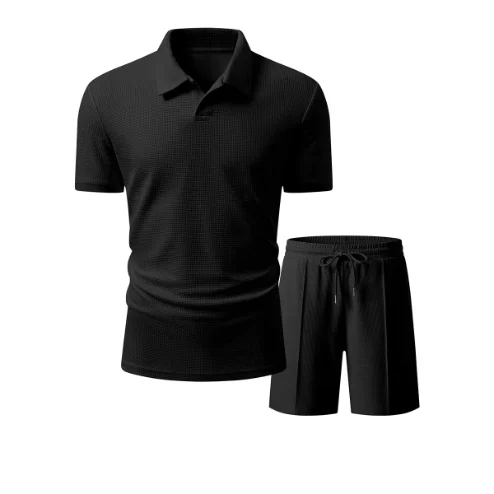 Custom Men Solid Waffle Textured Golf Tracksuit Casual Summer Beach Vacation Athletic Lapel Collar Polo Shirt Shorts 2 Piece Set