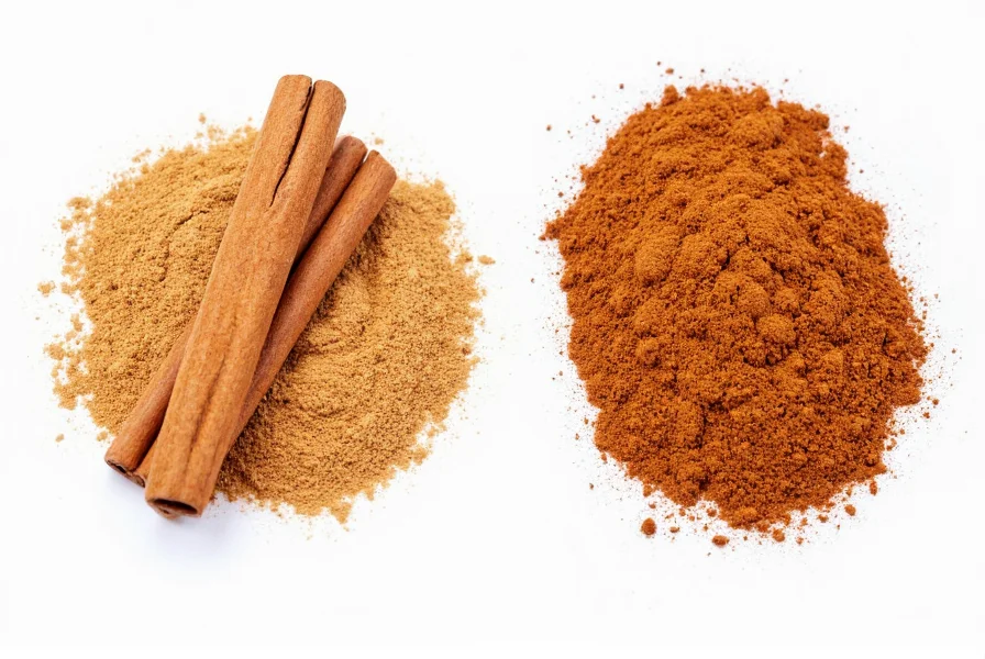 Different types of cinnamon sticks and powder showing Ceylon versus Cassia varieties