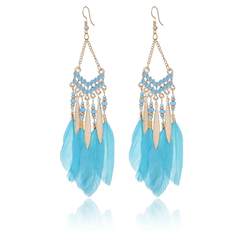 

Fashion European and American Tassel Feather Earrings Gold Plated Women's Long Boho Earrings, Mixed color