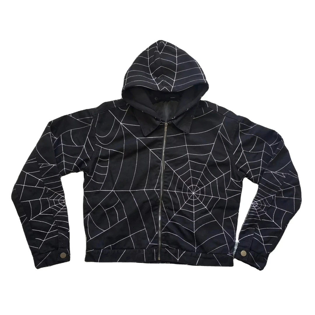 DENIMGUYS Custom Spider Web Embroidery Hoodies Men Hip Hop Jacket Coats Autumn Winter Casual Loose Detachable Hooded Hoodie