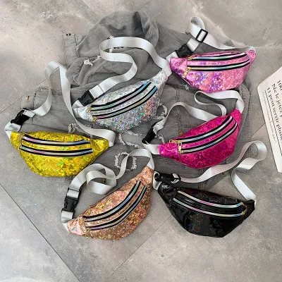 

New fashion boys and girls shining multicolor waist bag, Picture shows