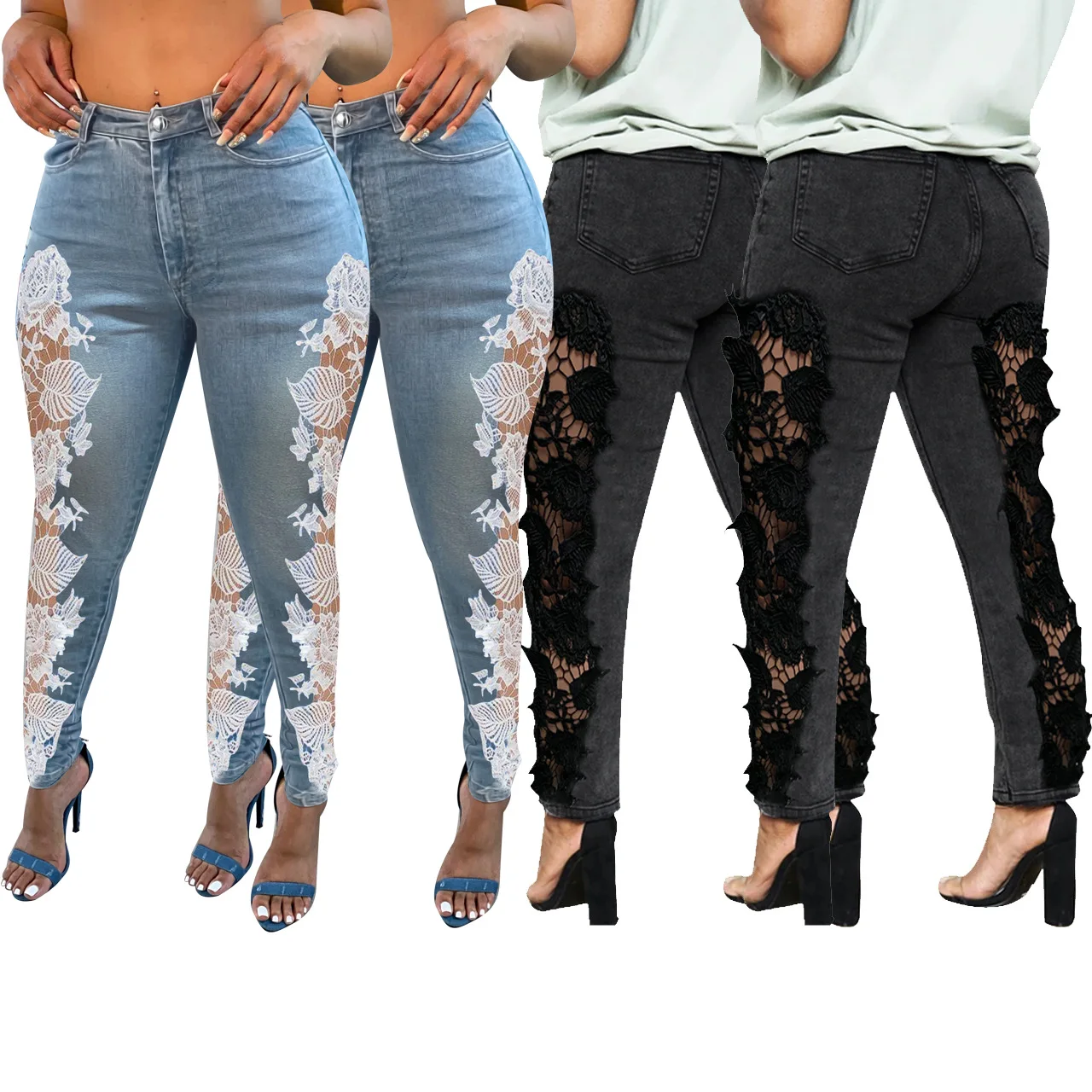 

Hot Style Sexy Fashion Lace and Washed Blue Pantalones Jeans Pants Trousers Vendor Fall Clothing for Women, Customized