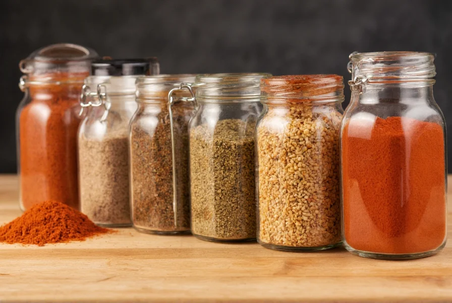 Close-up of various spice jars including cumin, coriander, and chili powder arranged on wooden kitchen counter