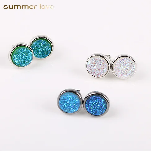

2019 New Hypoallergenic Copper with 925 Sterling Silver Stud Earrings Natural Druzy Stone Earrings for Women and Men