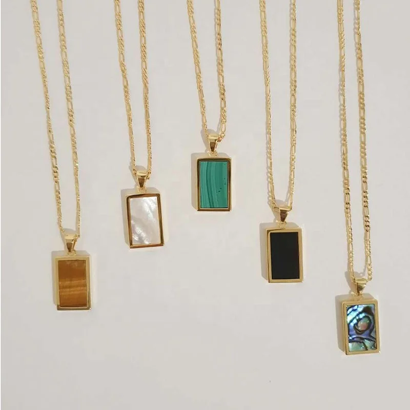 

Wholesale Custom 18K Gold Plated Stainless Steel Square Rectangle Abalone Malachite Onyx Turquoise Shell Pendant Necklaces
