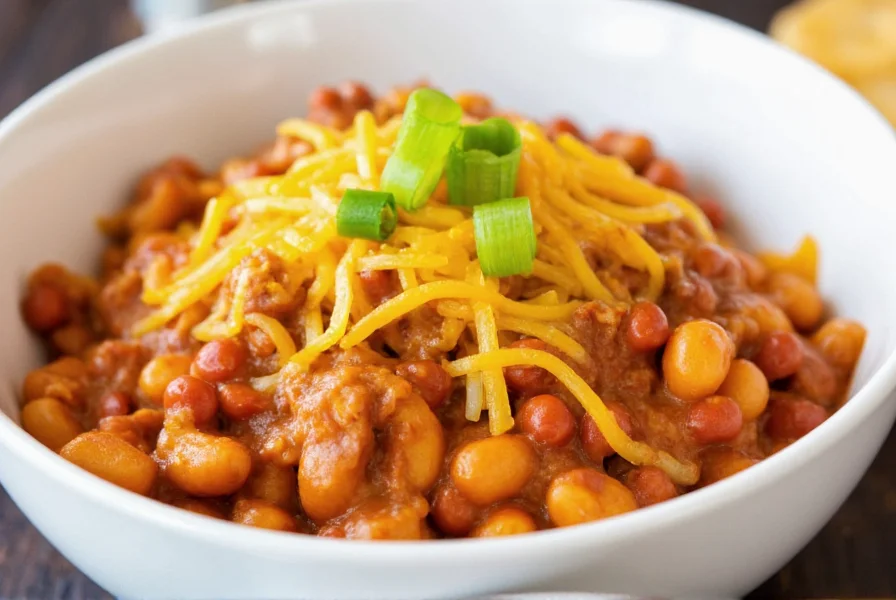 Finished bowl of chili mac served in white ceramic dish with melted cheese topping and green onion garnish