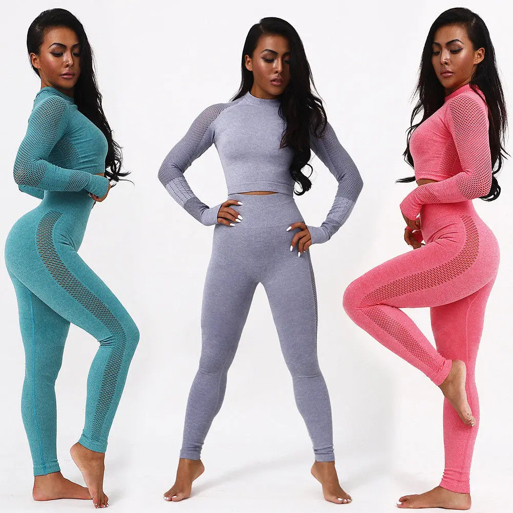 

JSMANA hot long sleeve stretchy fitness workout high waist women high quality gym clothing sets gym sets seamless yoga set, Customized colors or choose our colorways