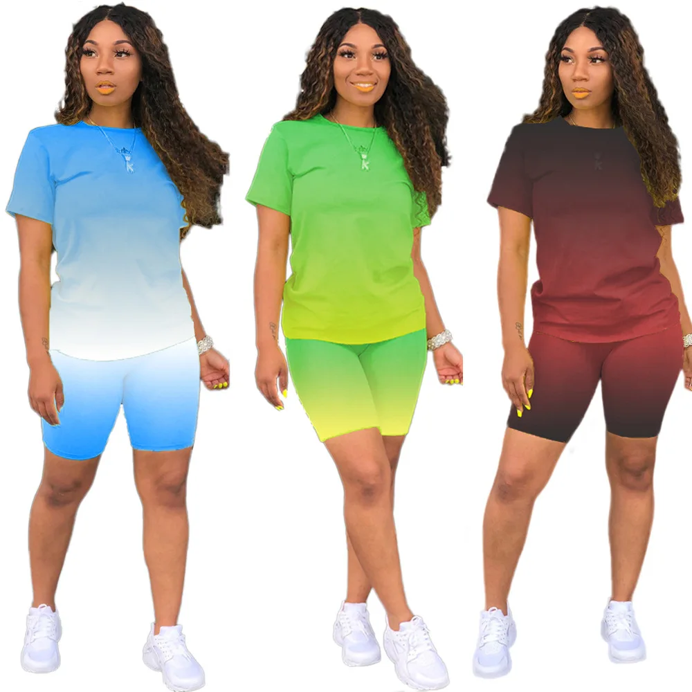 

2021 new superrich clothing Independent amazon print gradient T-shirt sportswear casual fashion two-piece shorts women's wear