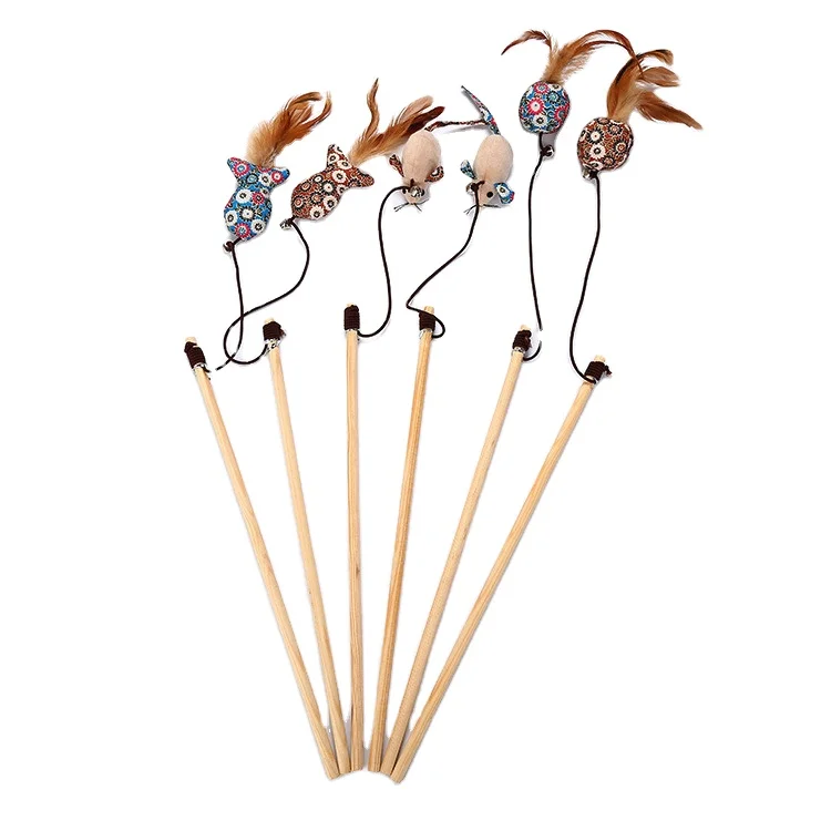 

Ecofriendly Funny Wooden Pet Cat Toys Interactive Cat Fishing Teasers Play Wand Feather Cat Toy, As photo