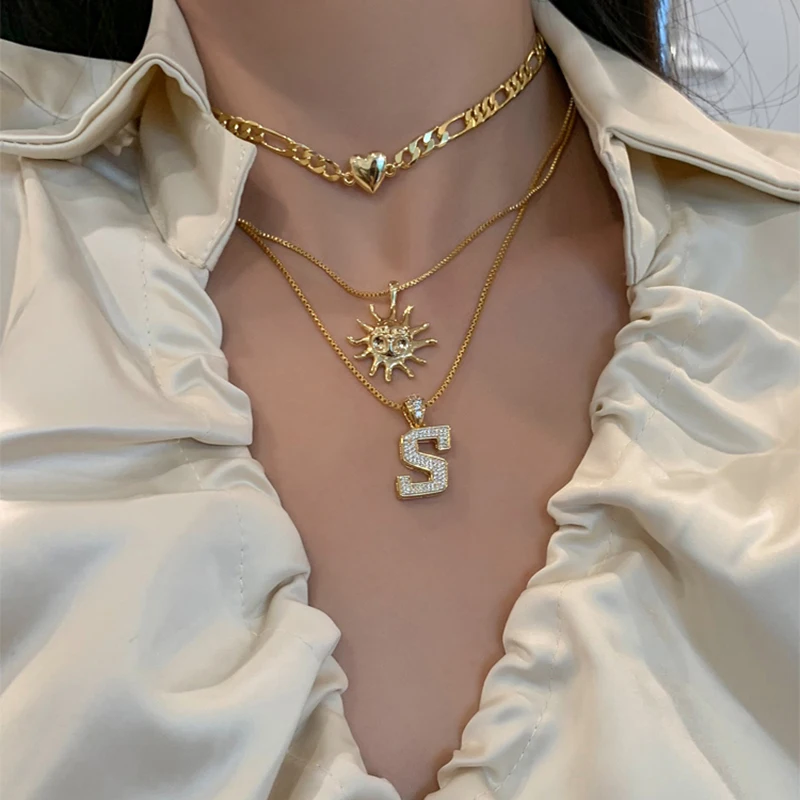 

Punk Style Flat Figaro Chain Necklaces Heart Charm Box Chain Sun Necklaces Gold Plated Layered Choker Necklaces 2020 Jewelry