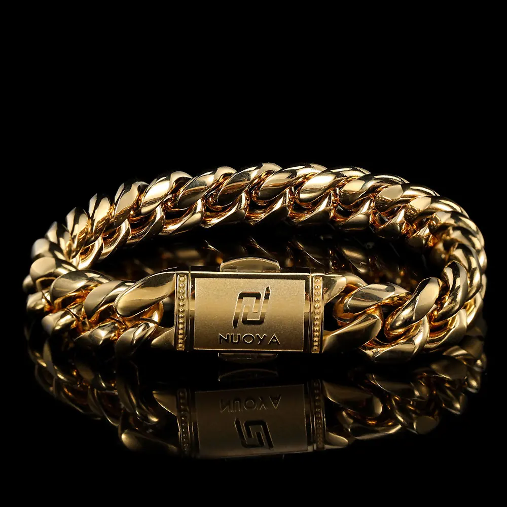 

NUOYA New Style 12mm Cuban Stainless Steel Men Customizable Bangles Bracelet 18k Gold Plated, Gold/silver color