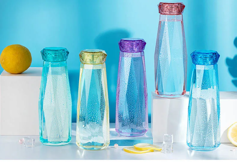 Wholesale Crystal Water Bottles 600ml Transparent Diamond Shape Lid