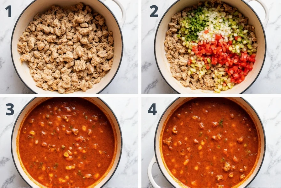 Step-by-step preparation of ground chicken chili showing browning chicken, adding vegetables, and simmering in pot