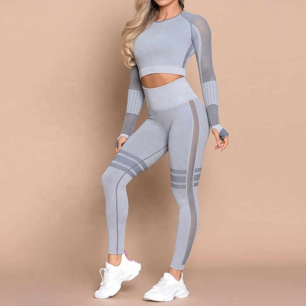 

Woman High Waist Gym Fitness 2 Piece Yoga Wear mesh Long Sleeve Tight Leggings Seamless Yoga Sets, 8 colors