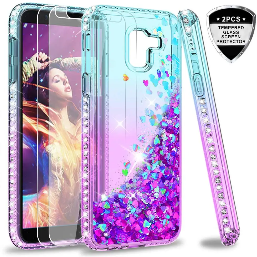 

LeYi For Samsung Galaxy J6 2018 Case with Tempered Glass Screen Protector[2 pack], 3D Glitter Liquid Mobile Case for Girls