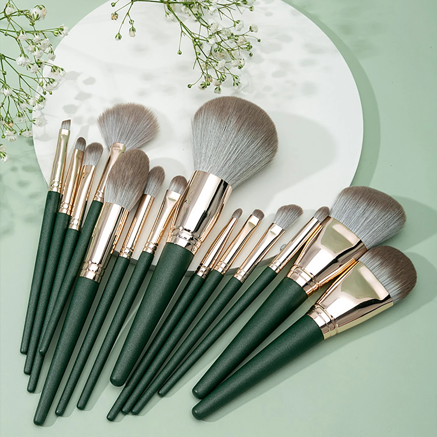 

BUEART 14 PCS make up brushes dark green nice colors cosmetic brushes