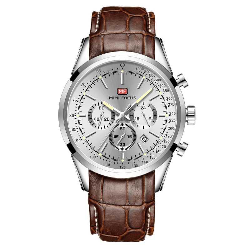 

MINI FOCUS MF0116G Military Fashion Leather Original Wrist Watches Luminous Chronograph Classic Men Watch, Black, blue, brown, silver