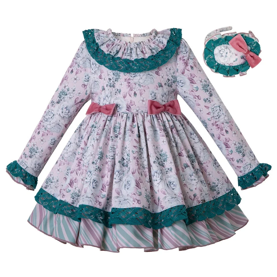 

OEM 2021 Pettigirl Clothes Dresses with Hairbands Floral Print Boutique Dress with Bows Long Sleeve Easter Dress Toddler