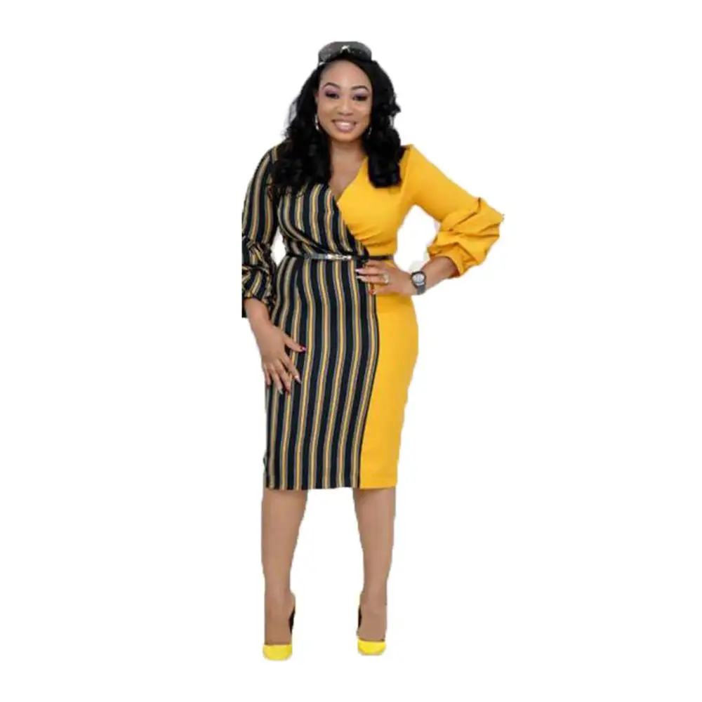 

91130-SW17 office striped patchwork woman dresses for sehe fashion, 3 colors